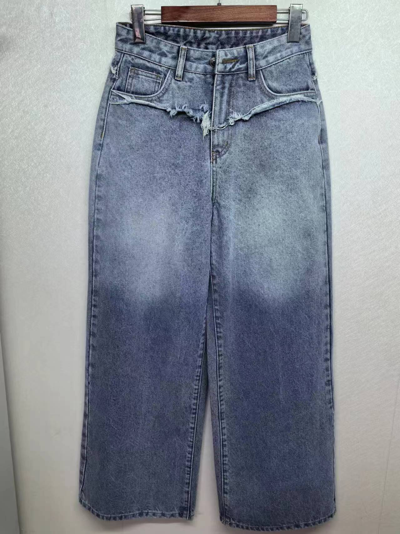 Vintage washed asymmetric cropped wide leg jeans factory customized wholesale 24-0125