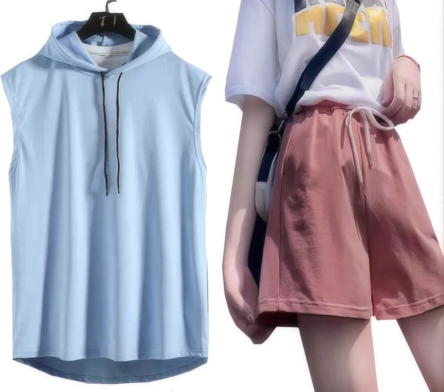 Womens sportswear set hooded sleeveless T-shirt shorts sports vest 2-piece set summer gym training hooded sweatshirt 250609