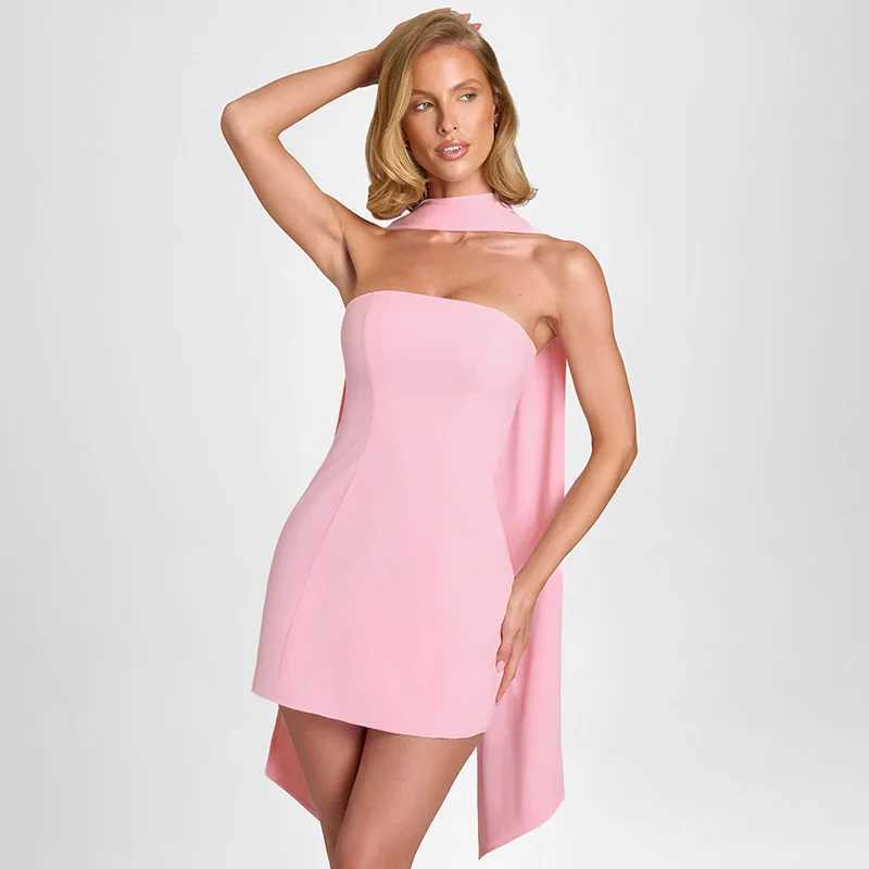 European and American Cross border 2024 Summer New Solid Color Skirt Hanging Neck Strap High Waist Slimming Short Dress XJ250610