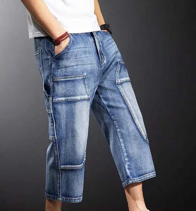 Mens Baggy Denim Shorts Fashion Streetwear Hip Hop Skateboard Cargo Hole Jeans Male Calf-Length Pants M250610