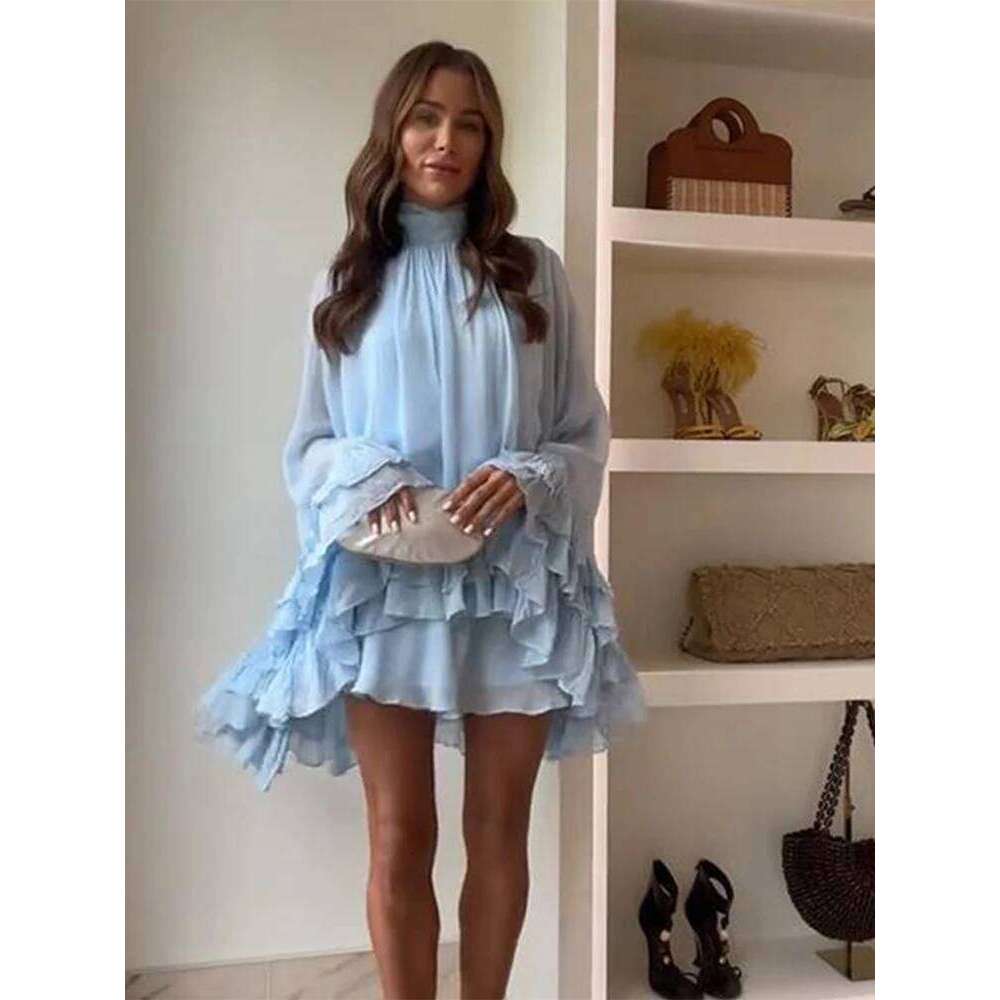 Layered Ruffled Women Shirt Dress Sunscreen Cover High Neck Pleated Beach Irregular Shawl Blouse Top Mesh Fashion Chiffon Shirts