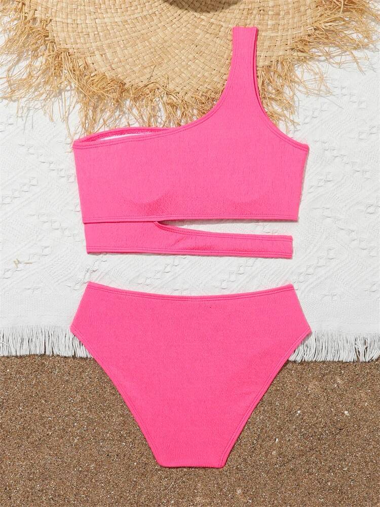Girls' Swimsuit Bikini 2025 New Solid One Shoulder Bikinis Set Children Swimwear Summer High Waist Kids Beach Wear Bathing Suit