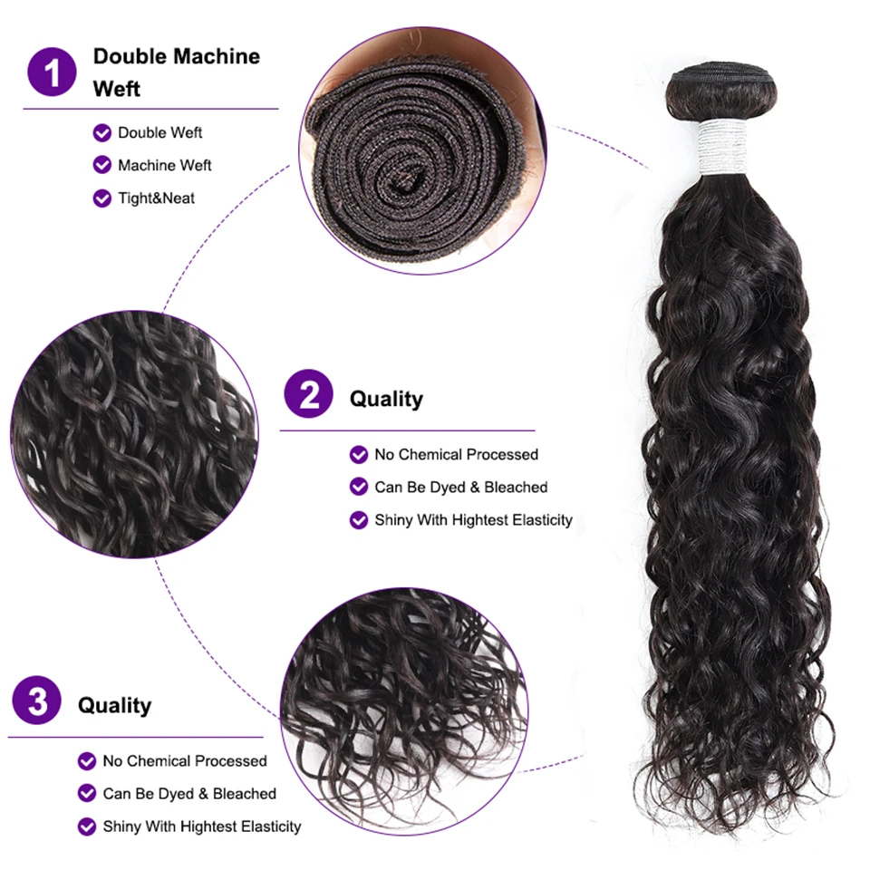 3/4 Hair Brazilian Water Wave Hair Bundles 100% Human Hair Weaving Remy Hair Extensions Water Wave Bundles 8-26inch Natural Color Hair Wave Weave Huma