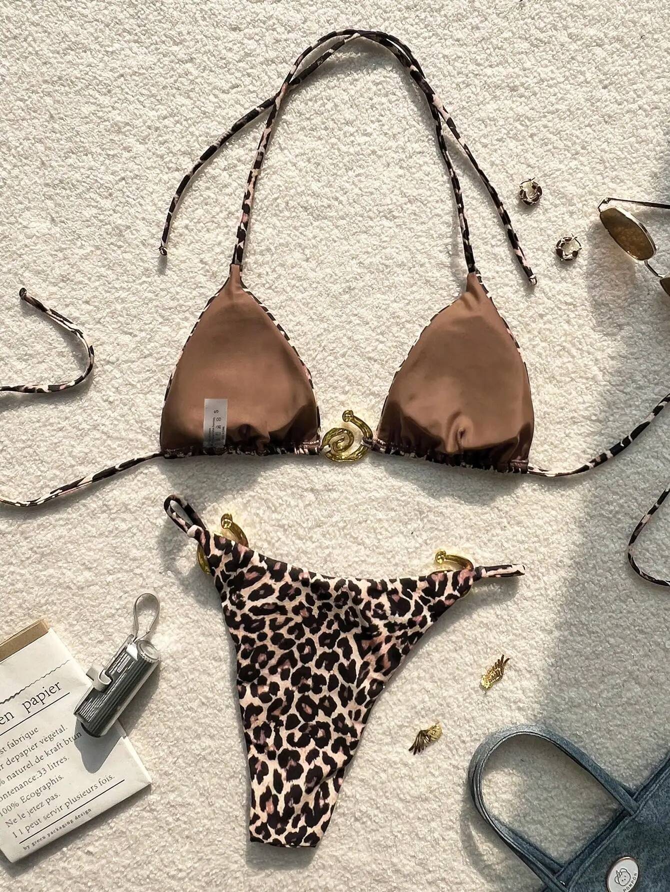Leopard print bikini halterneck lace-up triangle small chest gathered split swimsuit is suitable for surfing vacations by the se