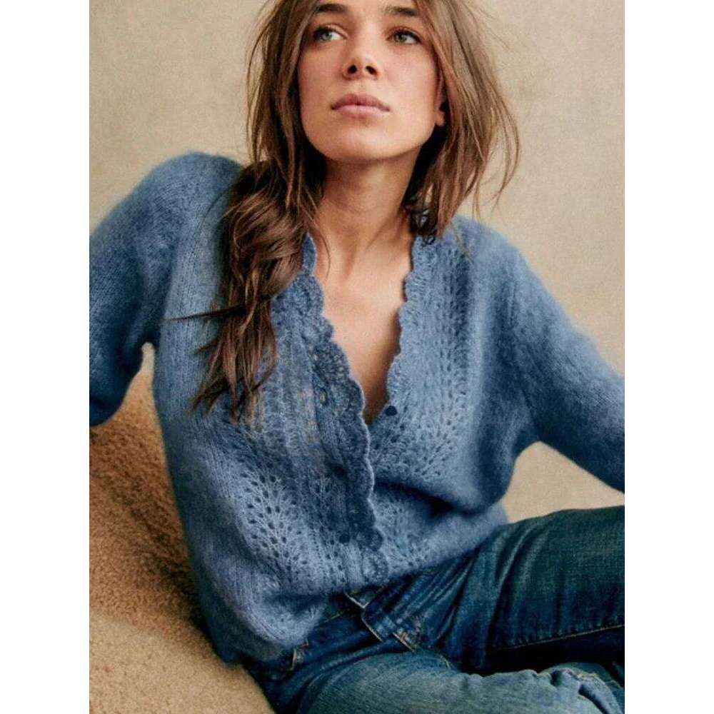 Haze Blue Mohair Cardigan Autumn and Winter Crochet V-Neck Hollow Puff Sleeve Sweater Women