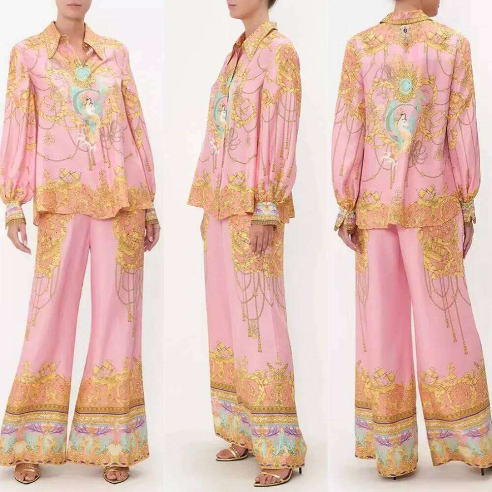 New Europe And The United States Leisure Long-Sleeved Pink Printed Shirt Trousers Two Sets Of Women