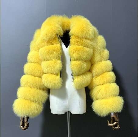 Faux Coat With Fox Fur Patchwork, Short Collar, Long Sleeve, Women's Jacket