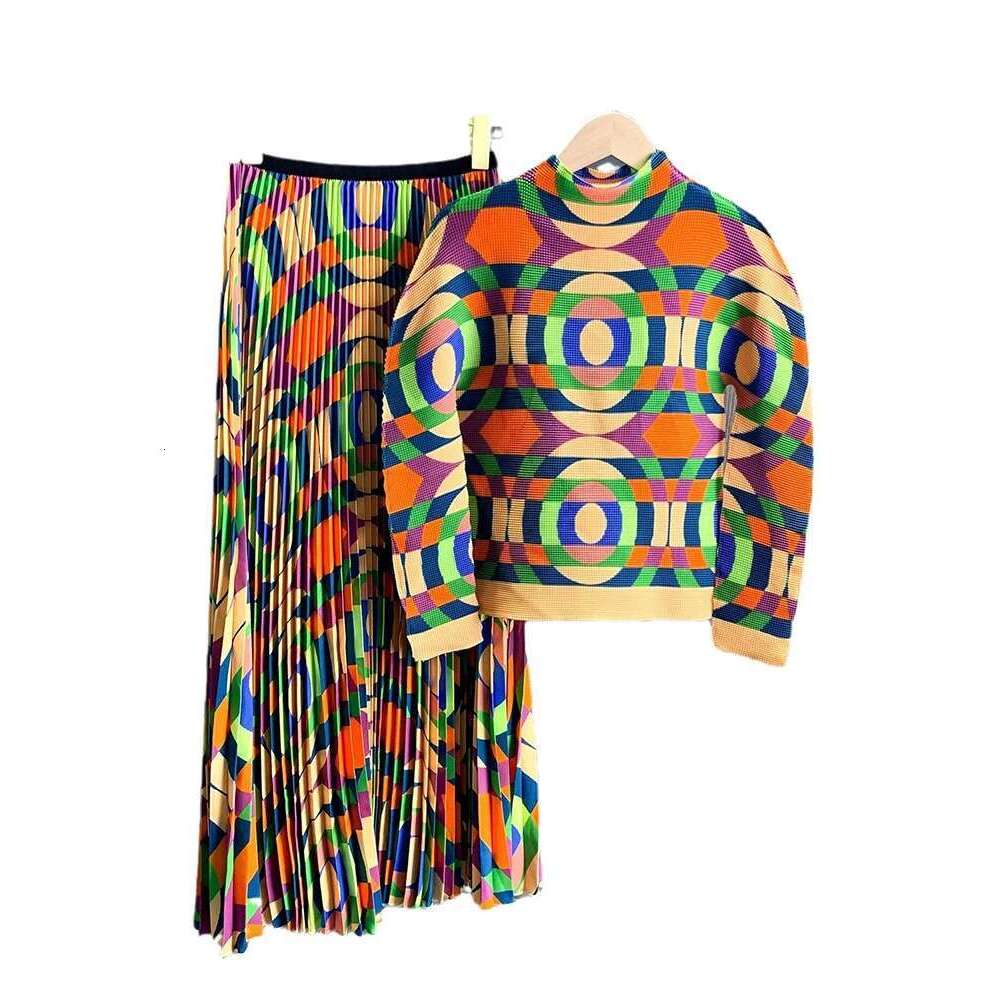 DEAT Elegant Pleated 2 Piece Set O-Neck Geometric Printing Pullover Top Elastic Waist Long Women's Suit 2024 Autumn New 15C731