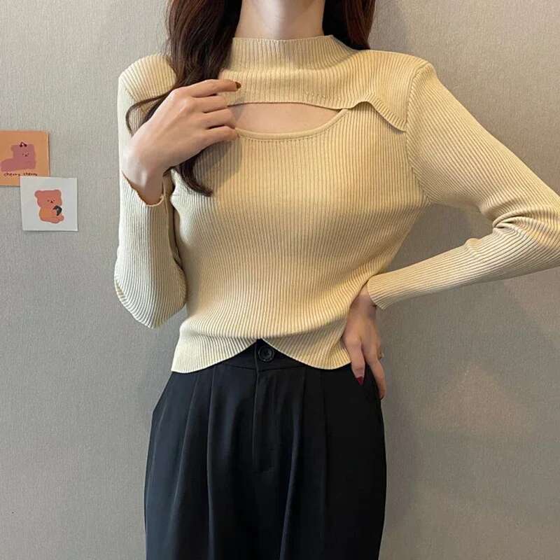 Half Turtle Neck Knit Sweaters Women Y2K Sexy Hollow Out Long Sleeves Slim Pullover Female Simple Solid All-match Jumper Spring