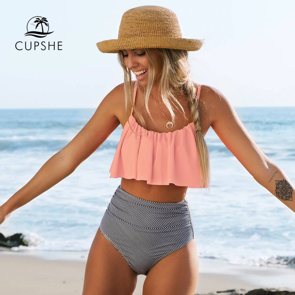 Cupshe Pink and Stripe High Waisted Bikini Sets Sexy Tank Top Swimsuit Two Pieces Swimwear Women New Beach Bathing Suits