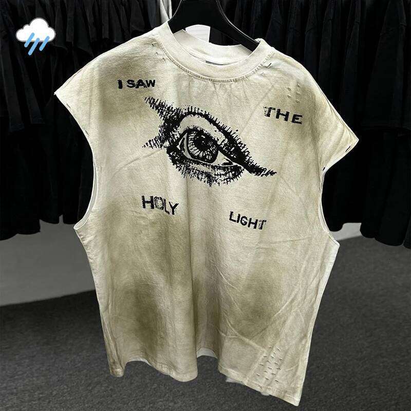 Streetwear Vintage Washed Apricot Made Dirty Sleeveless T Shirt Tee Men Women Best Quality SAINT I Saw The Holy Light T-Shirt