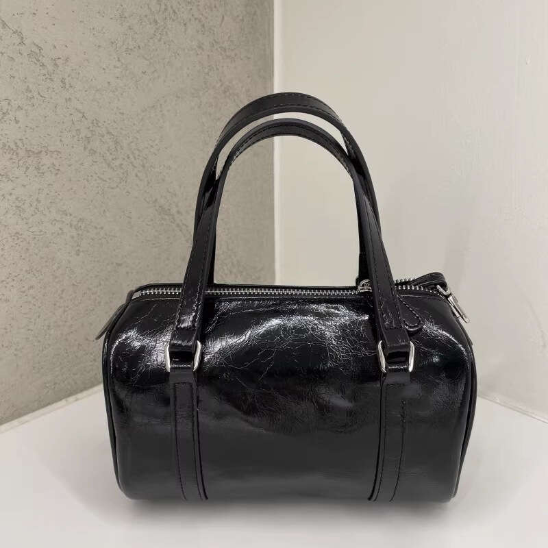 Dearni Oil-Waxed Cowhide Pillow Korean Style Silver Small Boston Handbag Shoulder Bag for Women