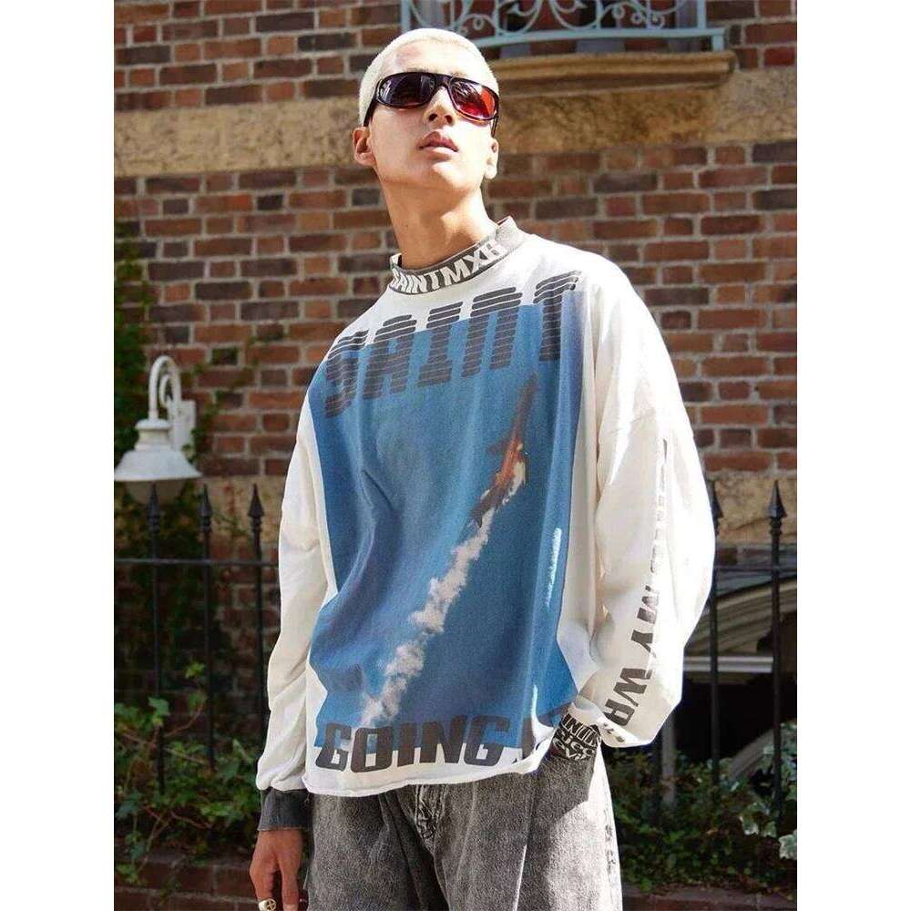 Yao Fashion Saint Of Michael 24Ss Casual Men Clothing Long Sleeve Tee Vintage Retro Oversize Streetwear Hiphop T Shirt