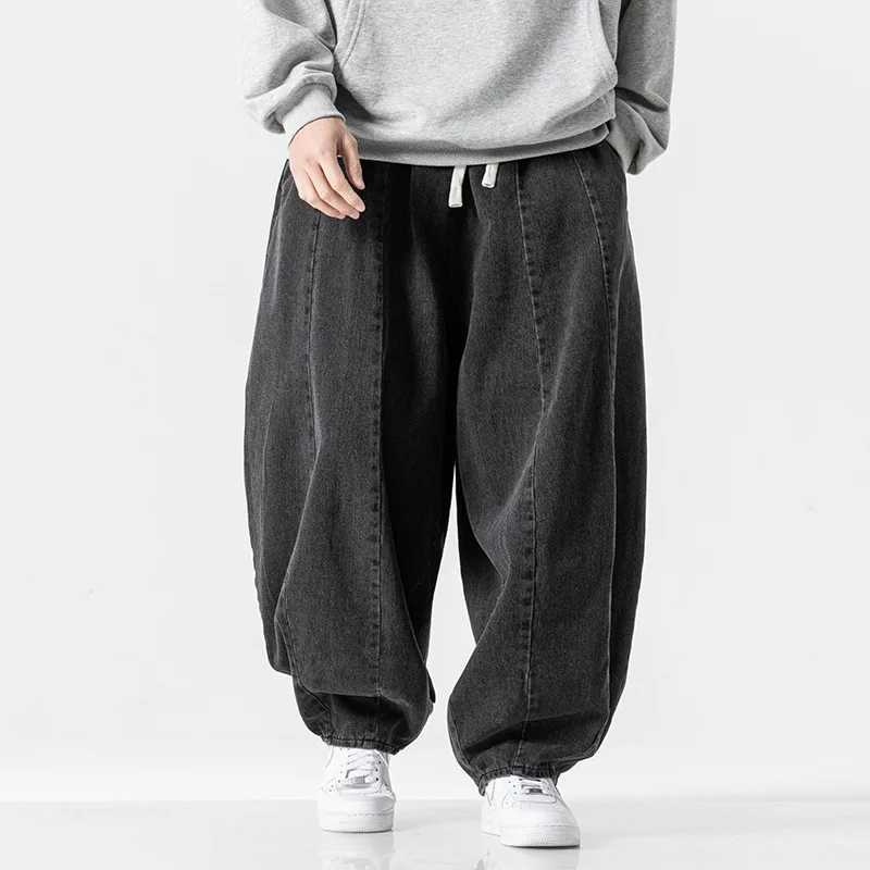 Vintage Loose Harem Pants Men Hip Hop Denim Wide Leg Pants Mens Solid Color Straight Streetwear Jeans Elastic Waist Trousers Man M250610