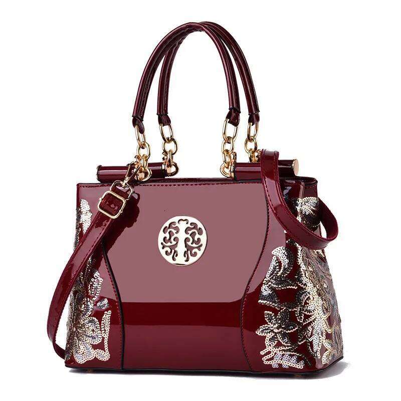 Retro Handbag Large Capacity Bright Leather Double-Sided Embroidered Women's Atmospheric Shoulder Messenger Bag