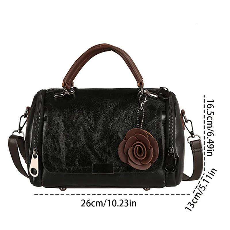 Classic Style Boston Bag For Women, Retro Pu Leather Crossbody Bag, Trendy Handbag With Flower Pendant