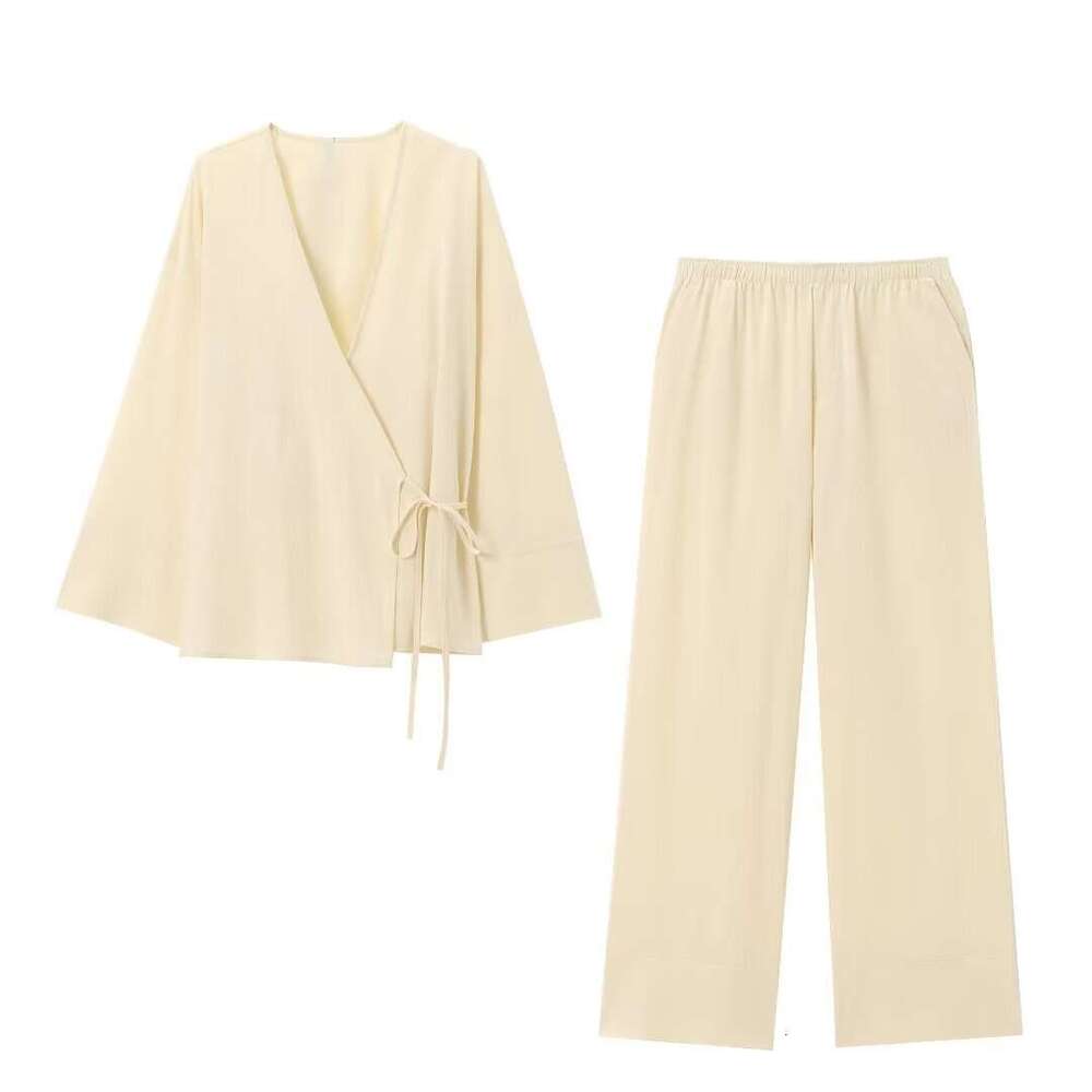 Wind Texture Double Collar Kimono Outerwear27743textured Pajama Style Pants27431set B5