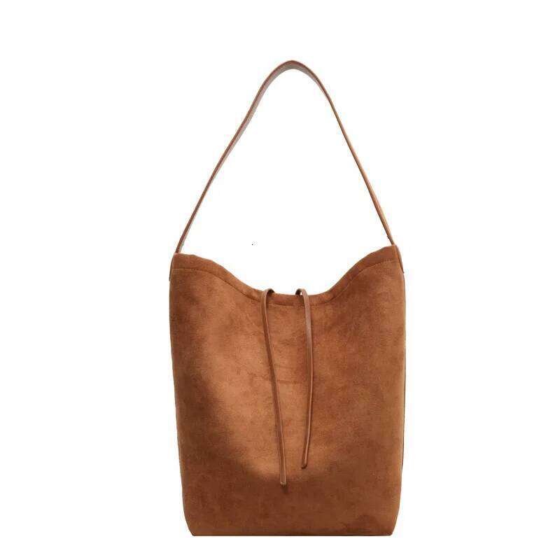 Vintage Brown Black Faux Suede Bucket Design Women's Solid Color Large Capacity Shoulder Purse Totes Bag Composit