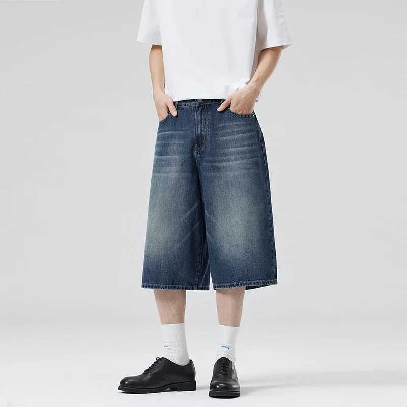 2025 Summer American Lightning Crack Denim Cropped Pants Mens Straight Loose Wide-leg Shorts Street Baggy Casual Pants M250610