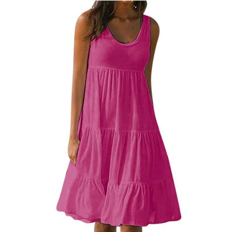 Women Casual Solid Mini Dress 2024 Summer Elegant Sleeveless Ruffles Loose Short Dress Beach Party Sundress Oversize Streetwear XJ250610