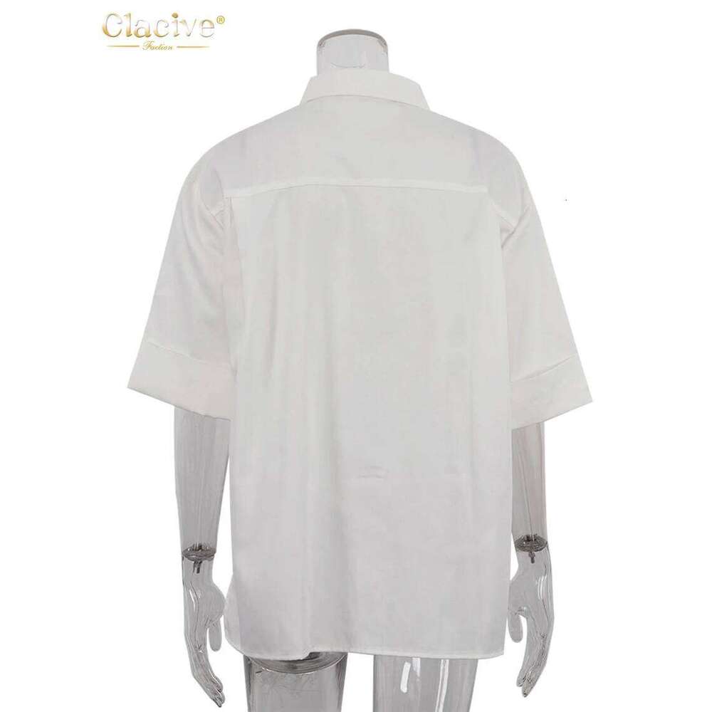 Clacive Fashion Loose White Cotton Women's Blouse Casual Lapel Short Sleeve Shirts Elegant Classic Pockets Tops Female Clothing