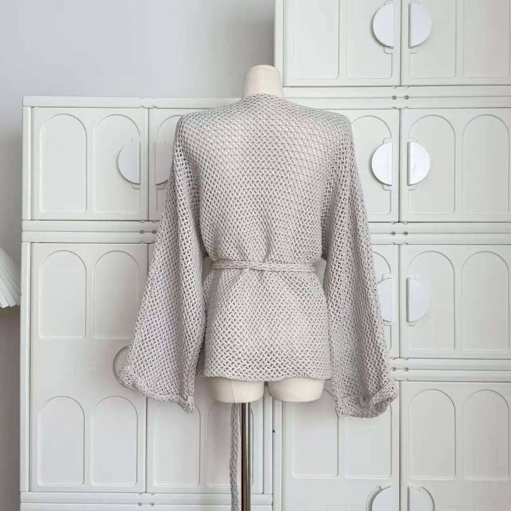Hollow Lace-up Bathrobe Jacket Knitted Open Cardigan for Women Autumn Solid Fashion Sweater Coat Loose
