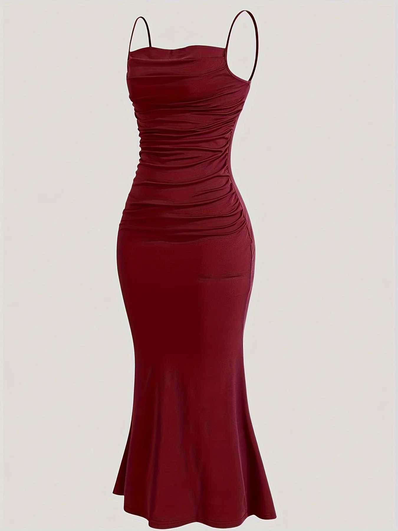 Womens Solid Color Ruched Cami Dress Elegant Sleeveless Dress for Party Evening Formal Occasions Ladies Summer Dress XJ250610