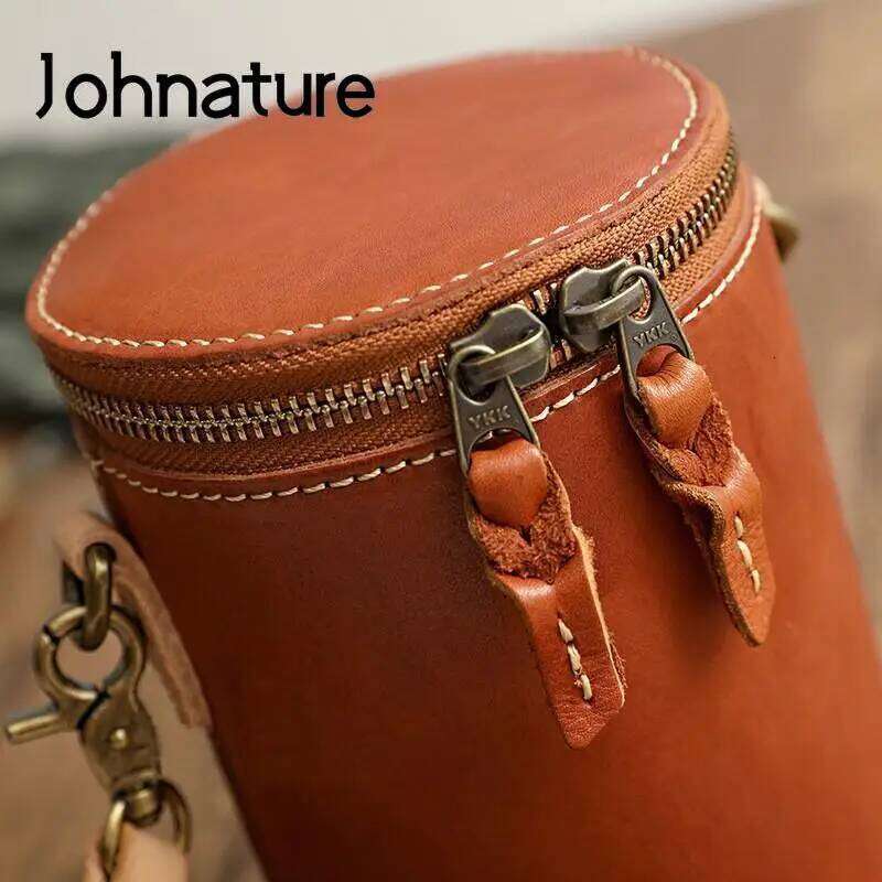 Johnature Simple Solid Color Bag Women 2025 New Genuine Leather Leisure Real Cowhide Barrel-Shaped Shoulder & Crossbody Bags
