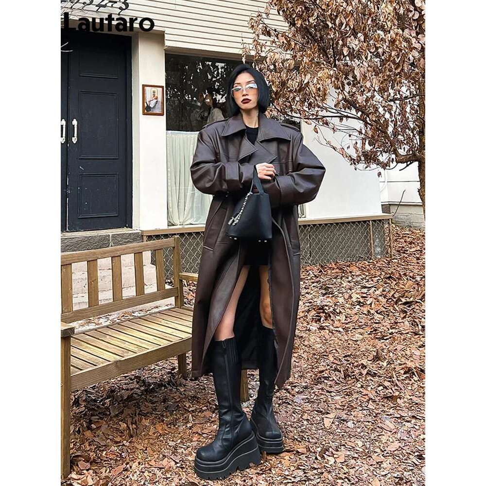 Lautaro-Long PU Leather Trench Coat for Women, Oversized, Double Breasted, Loose, Designer Clothes, Black, Brown, Spring