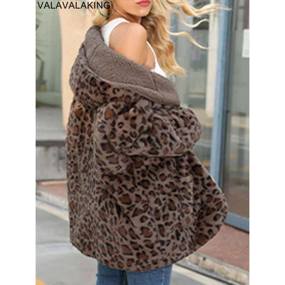 2025 Autumn Winter Long Sleeve Women Jacket Thick Plush Hooded Warm Casual Leopard Soft Loose Cardigan Lady No Buttons Coat