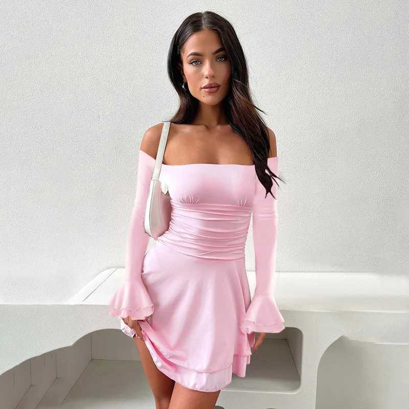Spring Solid Color Womens Dress Slim Fit One Shoulder Backless Flared Sleeve Slimming Temperament XJ250610