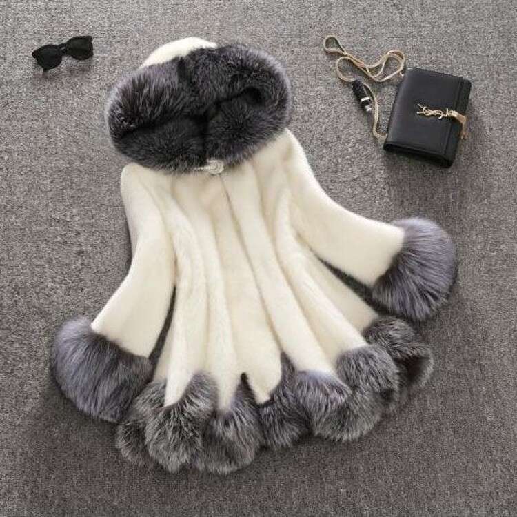 New 2023 Faux Women's Mid-Length With Hood Fox Synthetic Mink Fur Coat