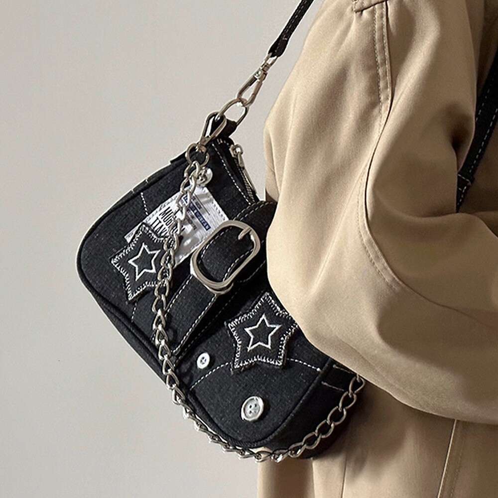 2025 New Millennial Hot Girl Star Denim Underarm Fashion Patchwork Chain Trend Commuter Handbag Shoulder Bag