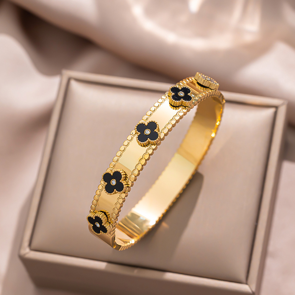 Fashion Four Leaf Clover Inlaid Blue Zircon Bracelet Golden Stainless Steel Bracelets Bangles Delicate Jewelry Gift for Women 250512