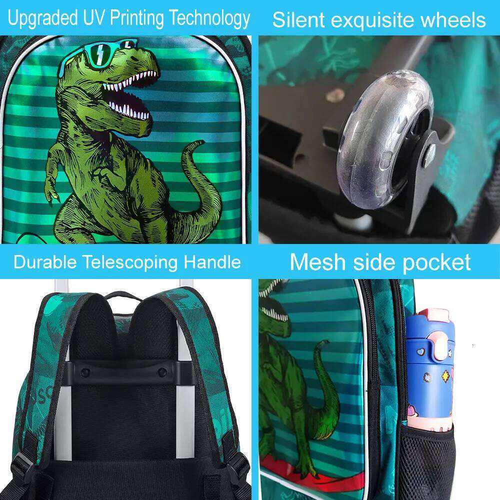 3Pcs Kids Rolling Backpack Boys, Dinosaur School Bookbag With Wheels, Roller Wheeled Backpacks For Toddler Elementary