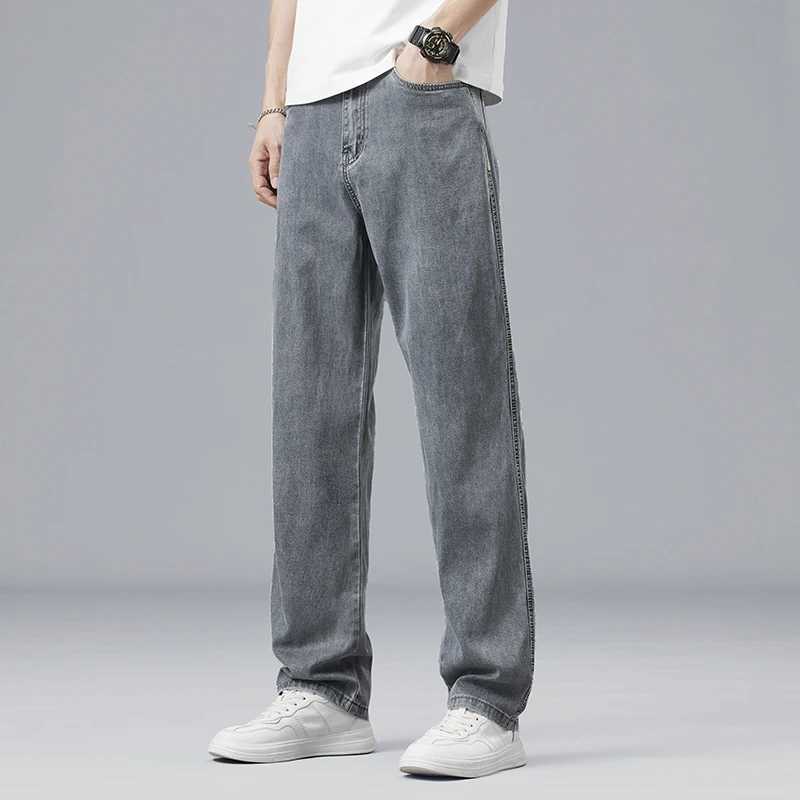 Summer Ultra-thin Lyocell Mens Jeans Drape Soft Fabric Loose Straight Casual Denim Pants Elastic Ice Silk Male Trousers M250610