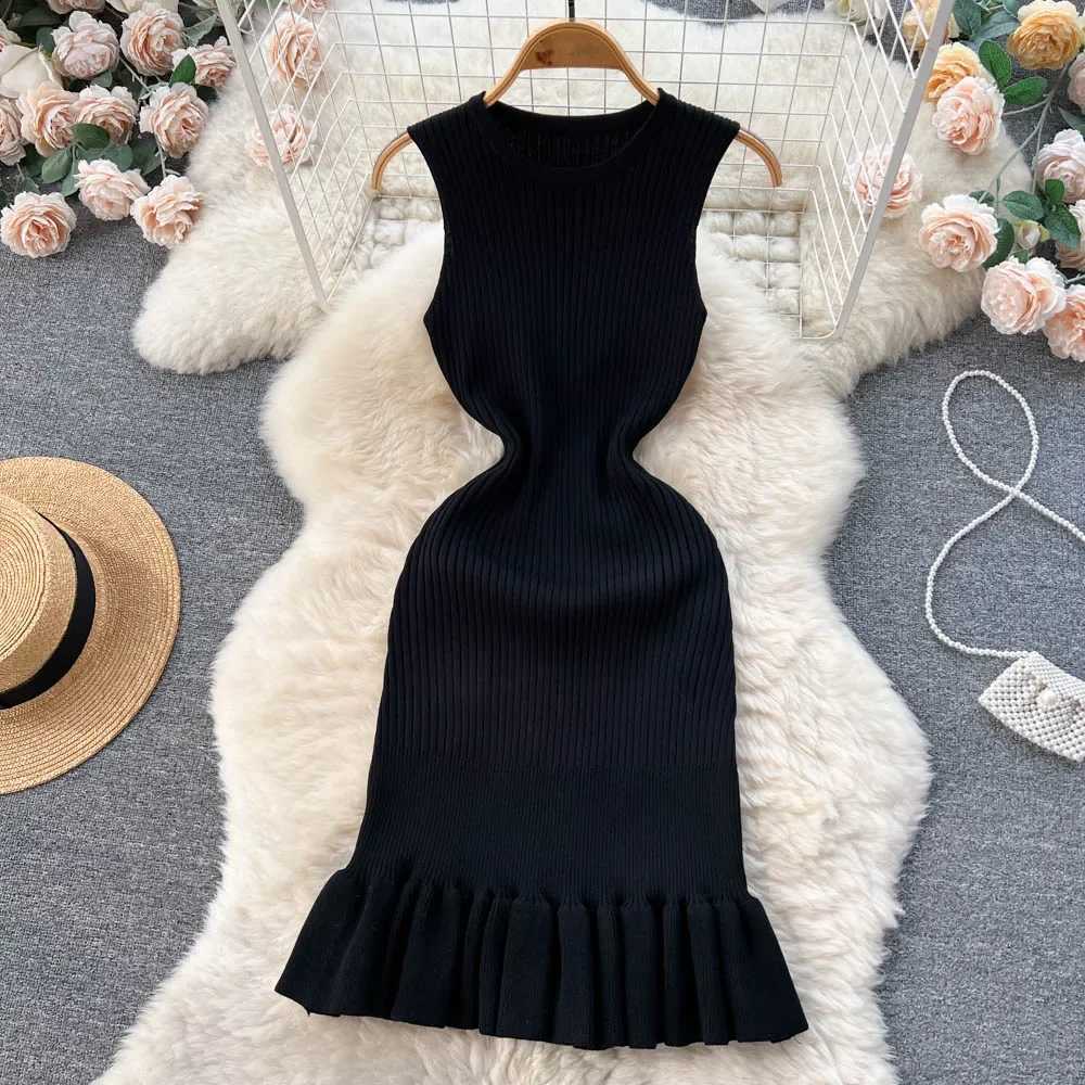 Summer Knitted Bodycon Sexy Dress 2024 O Neck Sleeveless Ruffled Party Sundress High Street Elastic Slim Short DressXJ250610
