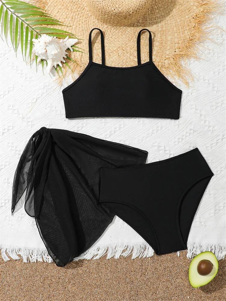 Girls Kids Swimsuit 2025 New Black Sling Bikini Set Children Swimwear Summer 3 Piece Beach Cover Up Bathing Suit Swimming