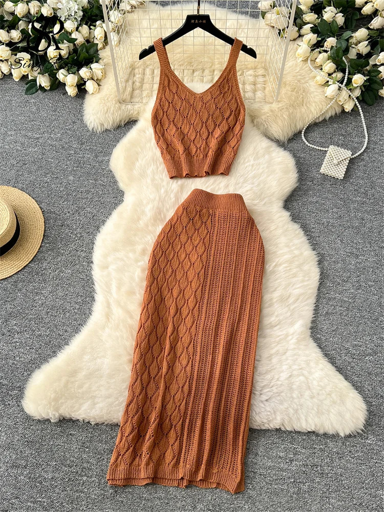 SINGREINY Summer Knitted Beach Suits Women Spaghetti Strap Crop TopsHigh Waist Slim Skirt Hollow Out Vacation Two Pieces Sets 250609
