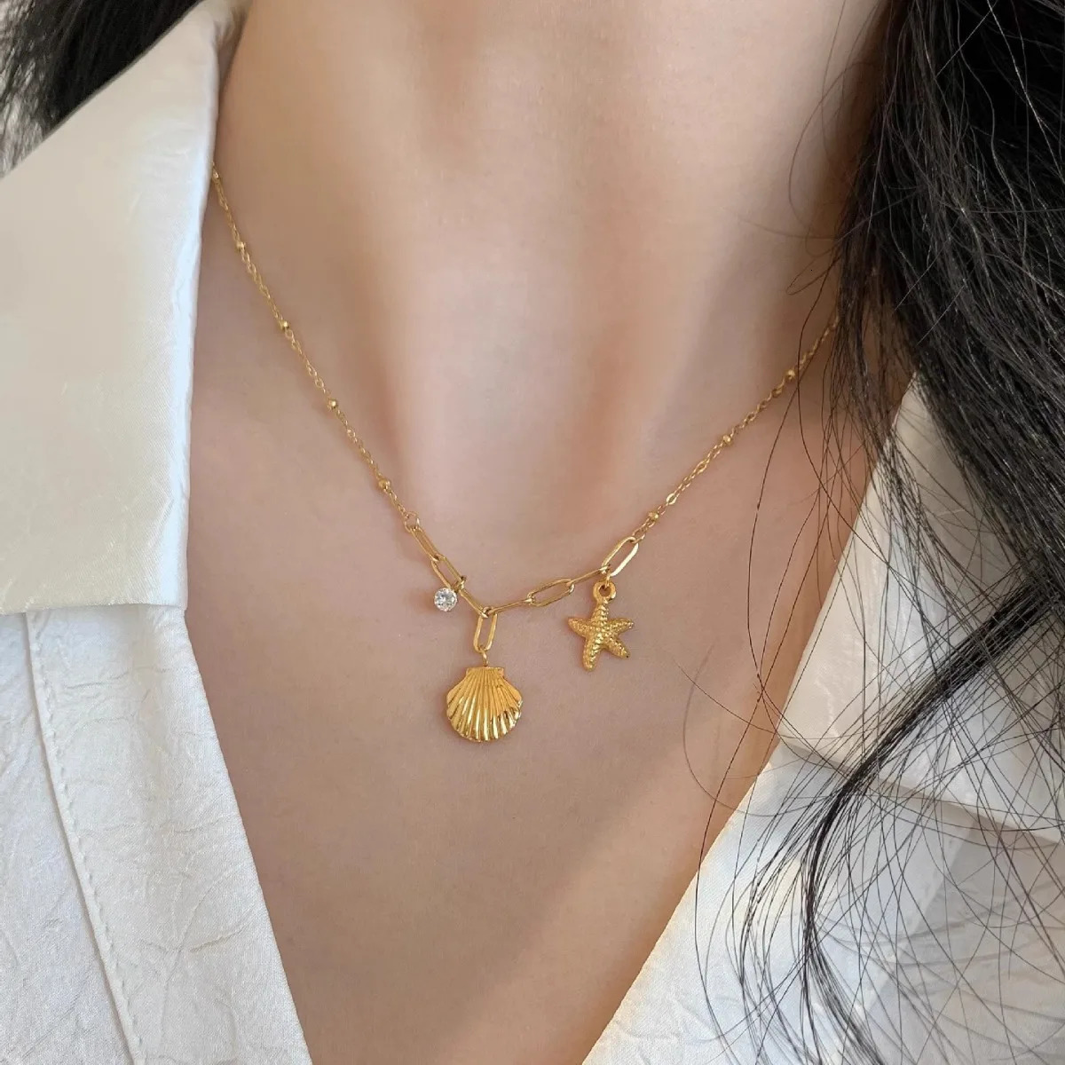 316L Stainless Steel Starfish Shell Zircon Pendant Necklace For Women Fashion Gift Gold Color Neck Chain Jewelry 250609
