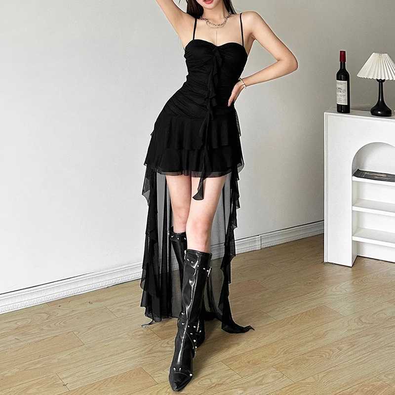 Lamuusaa y2k Dress Women Summer Solid Color Sweetheart Neck Spaghetti Strap Sleeveless Asymmetrical Hem Dress Club Party Dresses XJ250610