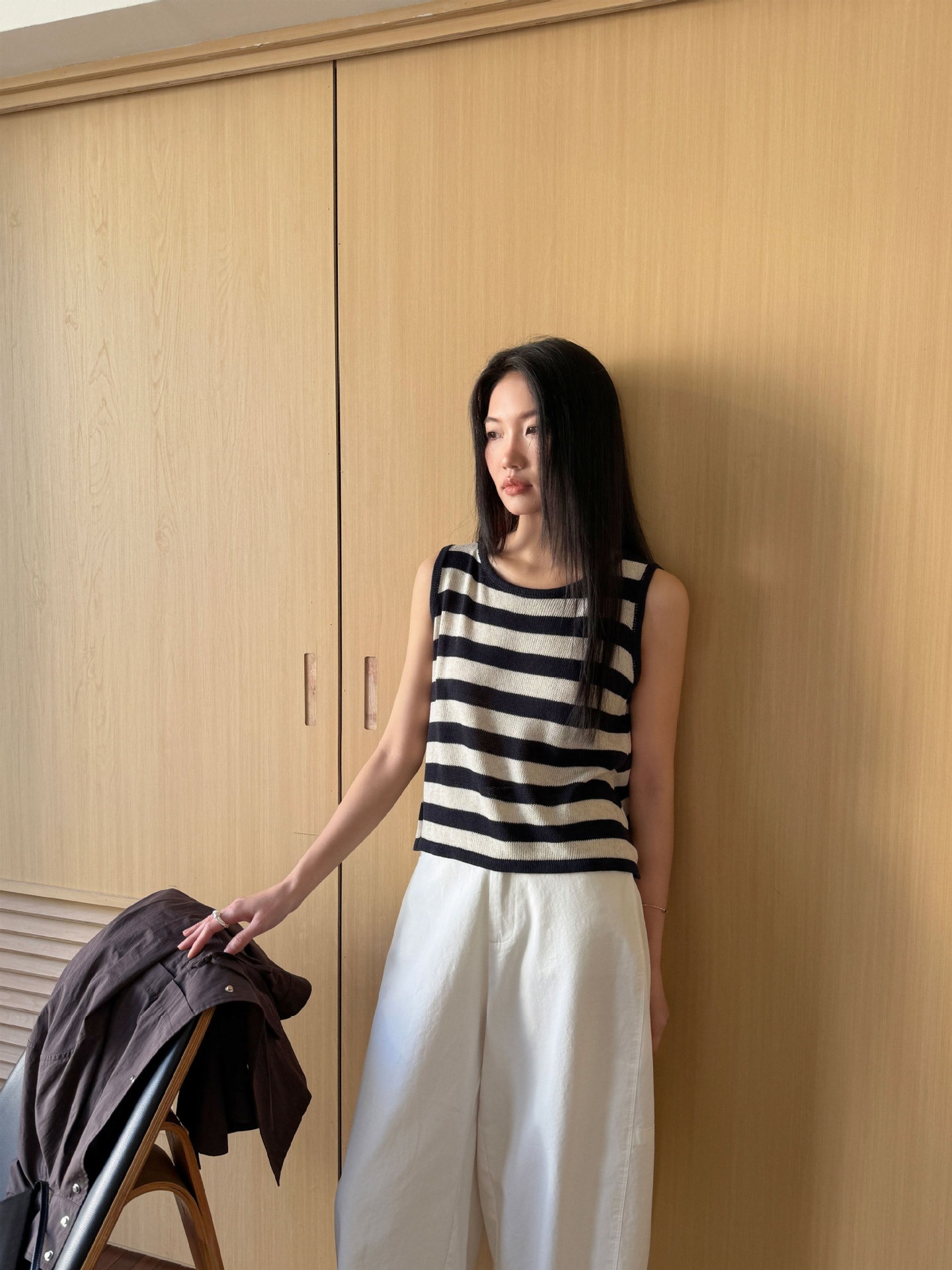 GC135 Spring and summer new silk cotton lapel short-sleeved simple striped knitted sweater top