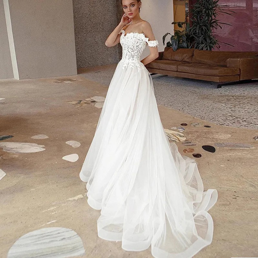 lace a line wedding dress 3d floral appliques sweep train bridal gowns boho garden wedding vestidos
