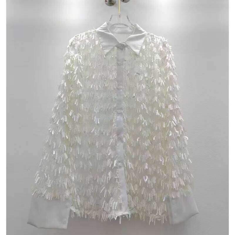 DEAT Women Shirt Loose Patchwork Sequins Single Breasted Sunscreen Perspective Thin Style Blouse Summer 2025 New Fashion 29A1147