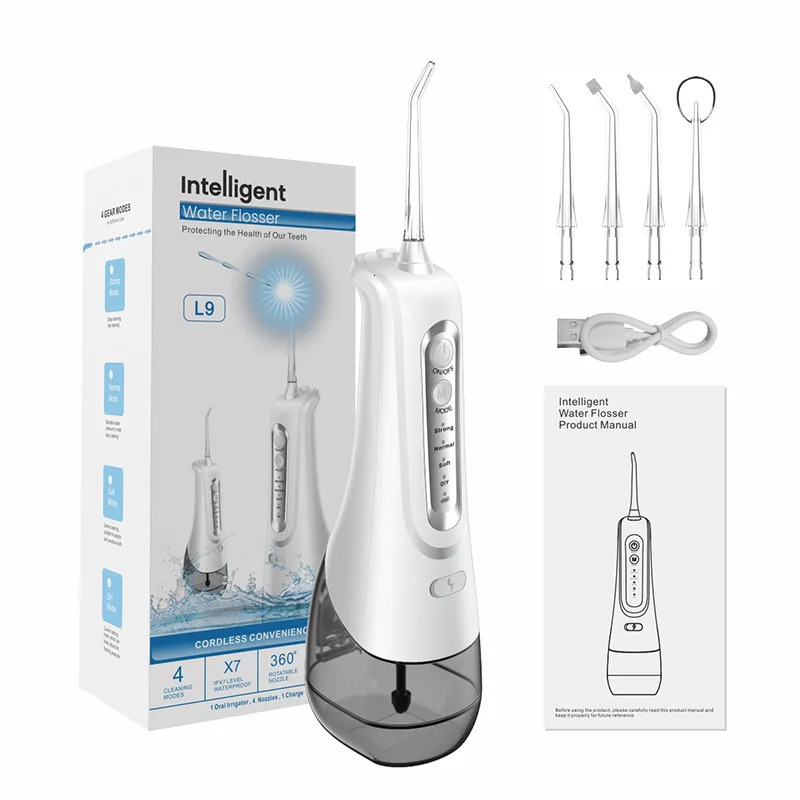L9 Oral Irrigator USB Rechargeable Water Flosser Portable Dental Water Jet Floss Tooth Pick 4 Jet Tip 300ml 4 Modes Teeth Clean 250605