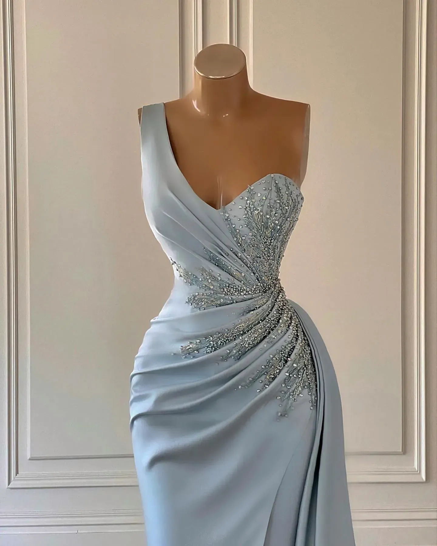 Elegant One Shoulder Mermaid Evening Dresses Fashion Sequined Appliques Prom Dress High Side Split Party Gown Customized