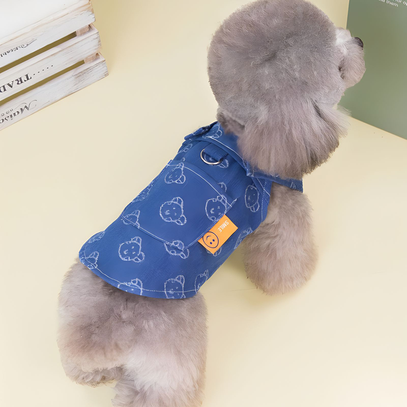 Denim Dog Harness Dresses for Small Dogs Puppy Girl Clothes with Cute Little bear, Heart-shaped Print Summer Cat Apparel with D-Ring Blue Boy Girl Dog