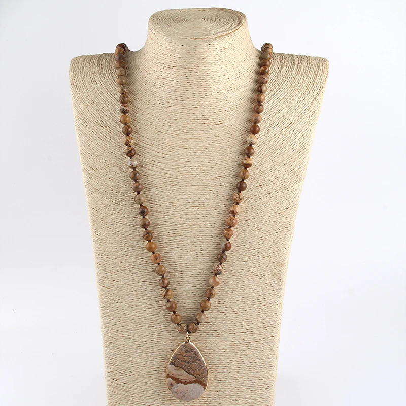 Fashion Bohemian Jewelry Natural Stone Knotted Stone Matching Drop Pendant Necklaces Women Beaded Necklace 250604