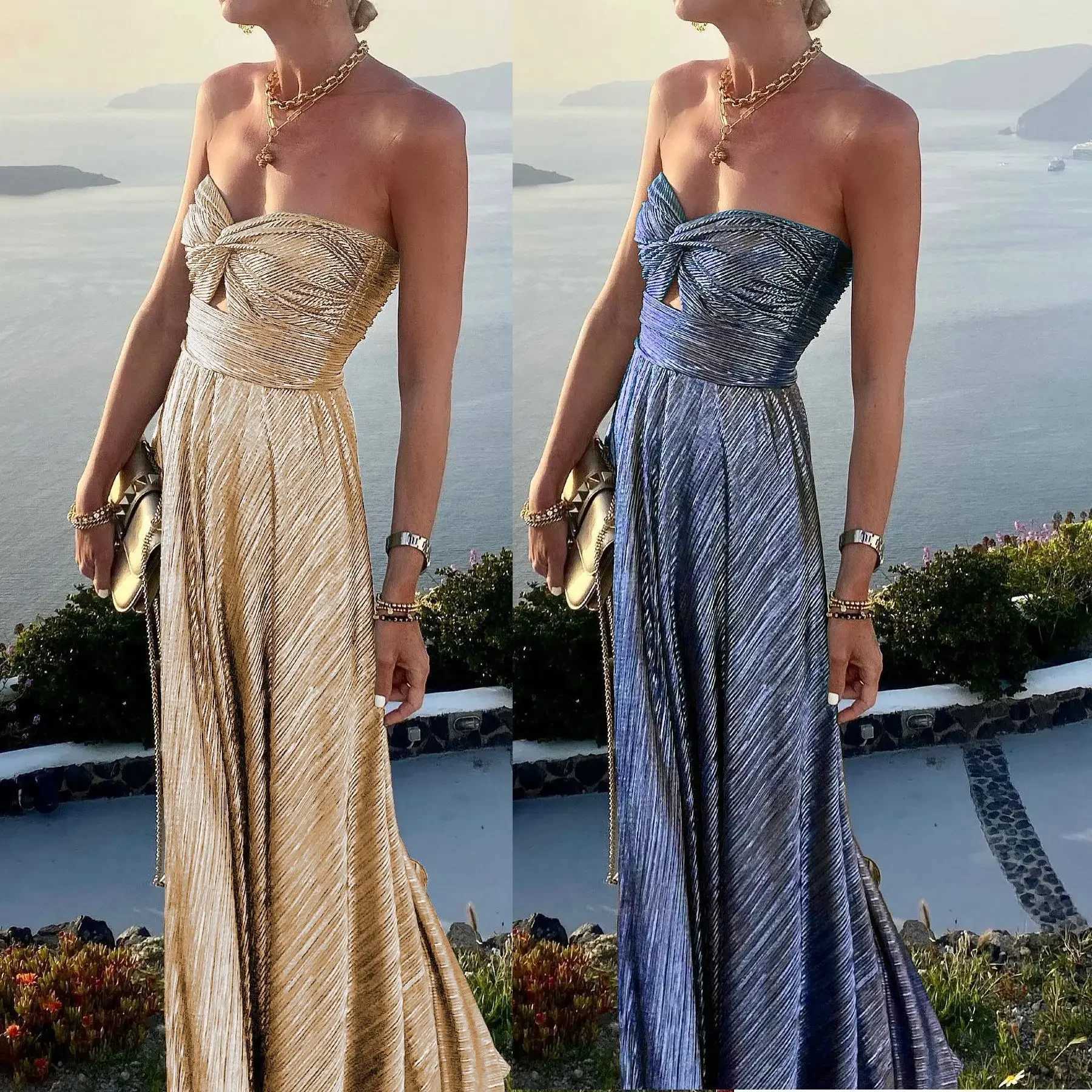 Womens S-XL Size European and American Spring Summer New Sexy Chest Wrapping and Gold Stamping Party Dress INS Casual Flare XJ250610