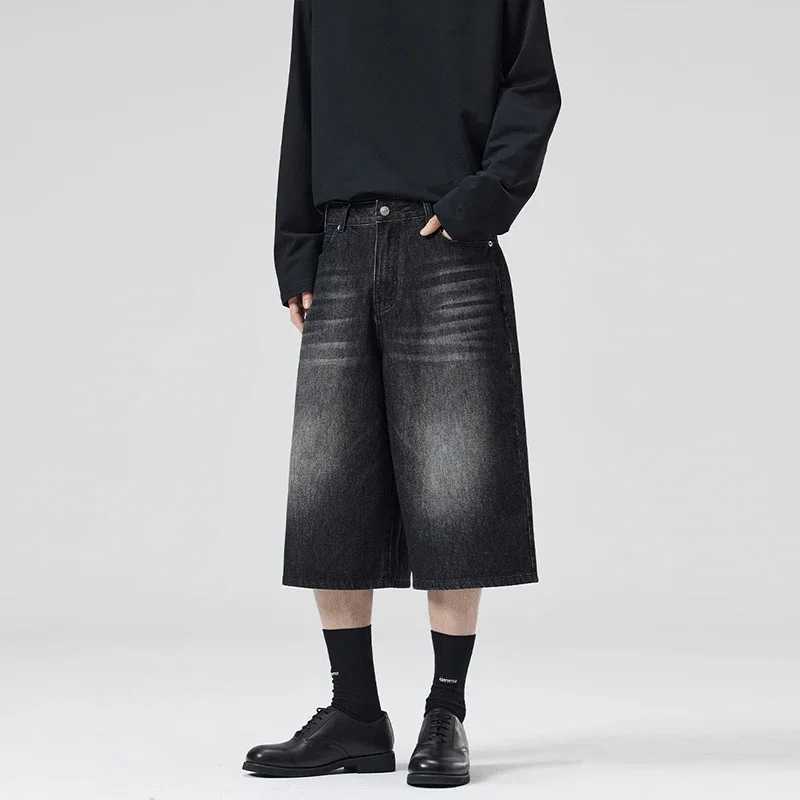 2025 Summer American Lightning Crack Denim Cropped Pants Mens Straight Loose Wide-leg Shorts Street Baggy Casual Pants M250610